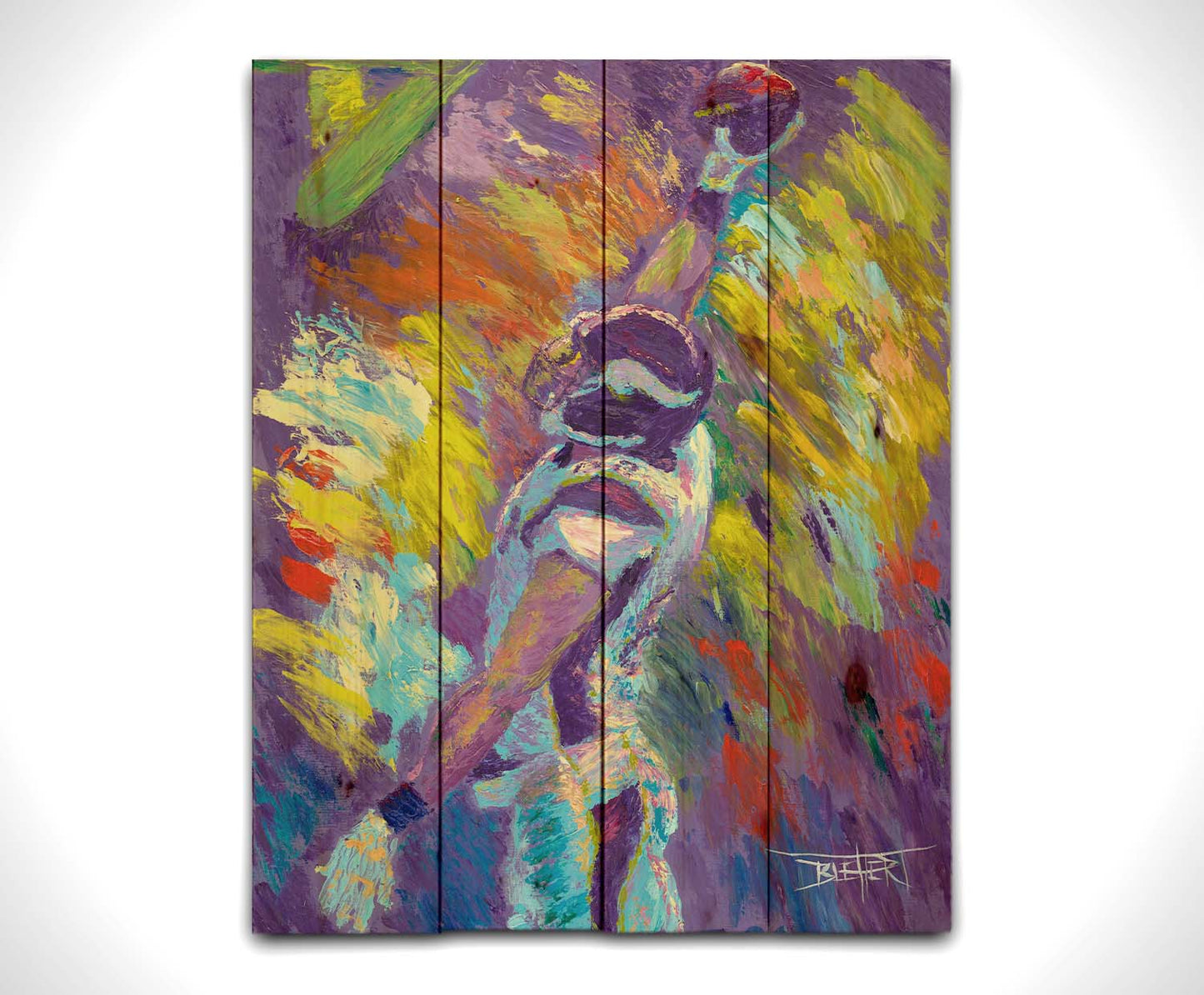 A painting of Minnesota VIkings player Kyle Rudolph catching a football, painted in a palette themed after the team's purple and yellow color scheme. Printed on a wood pallet.