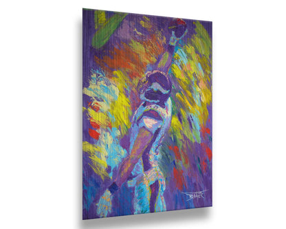 A painting of Minnesota VIkings player Kyle Rudolph catching a football, painted in a palette themed after the team's purple and yellow color scheme. Printed on metal.