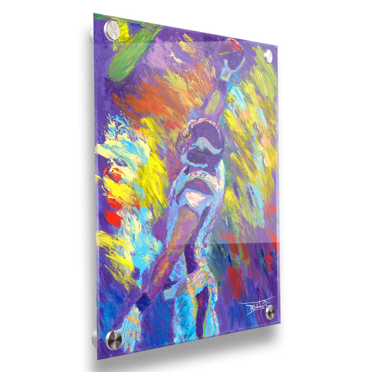 A painting of Minnesota VIkings player Kyle Rudolph catching a football, painted in a palette themed after the team's purple and yellow color scheme. Printed on acrylic.