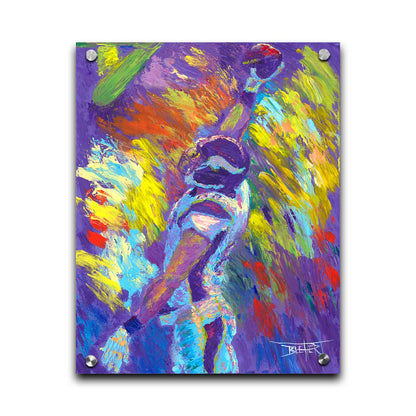 A painting of Minnesota VIkings player Kyle Rudolph catching a football, painted in a palette themed after the team's purple and yellow color scheme. Printed on acrylic.