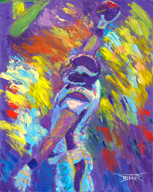 A painting of Minnesota VIkings player Kyle Rudolph catching a football, painted in a palette themed after the team's purple and yellow color scheme. 