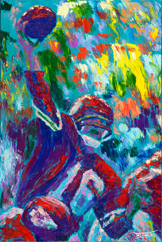 A painting of Kansas City Chiefs player Len Dawson, jumping to catch a football.