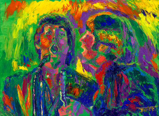 A painting of John Lennon and Paul McCartney performing music as part of the Beatles.