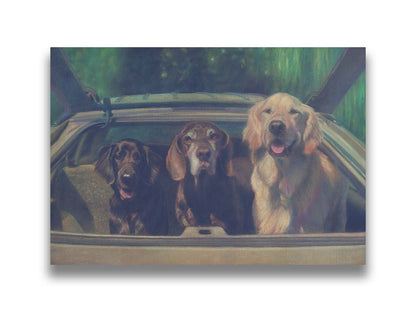 A painting of three dogs in the back of a hatchback, ready to go for a car ride. Printed on canvas.