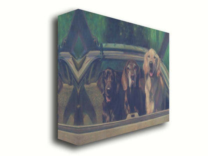 A painting of three dogs in the back of a hatchback, ready to go for a car ride. Printed on canvas.