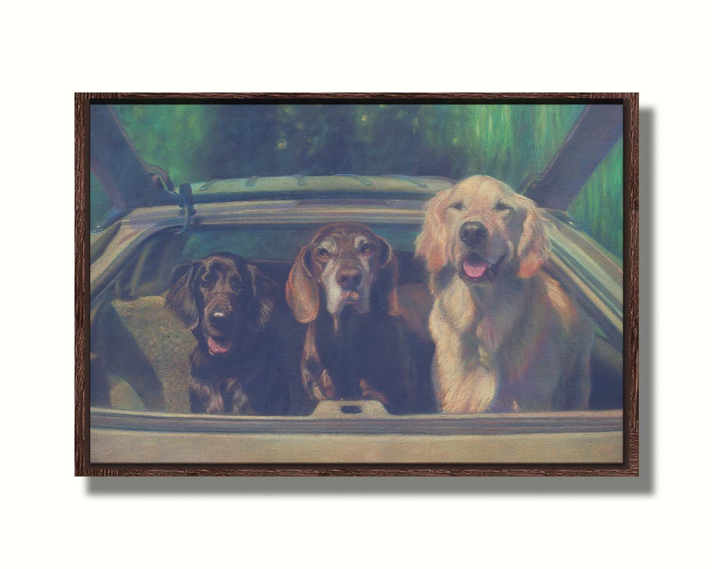 A painting of three dogs in the back of a hatchback, ready to go for a car ride. Printed on canvas in a float frame.