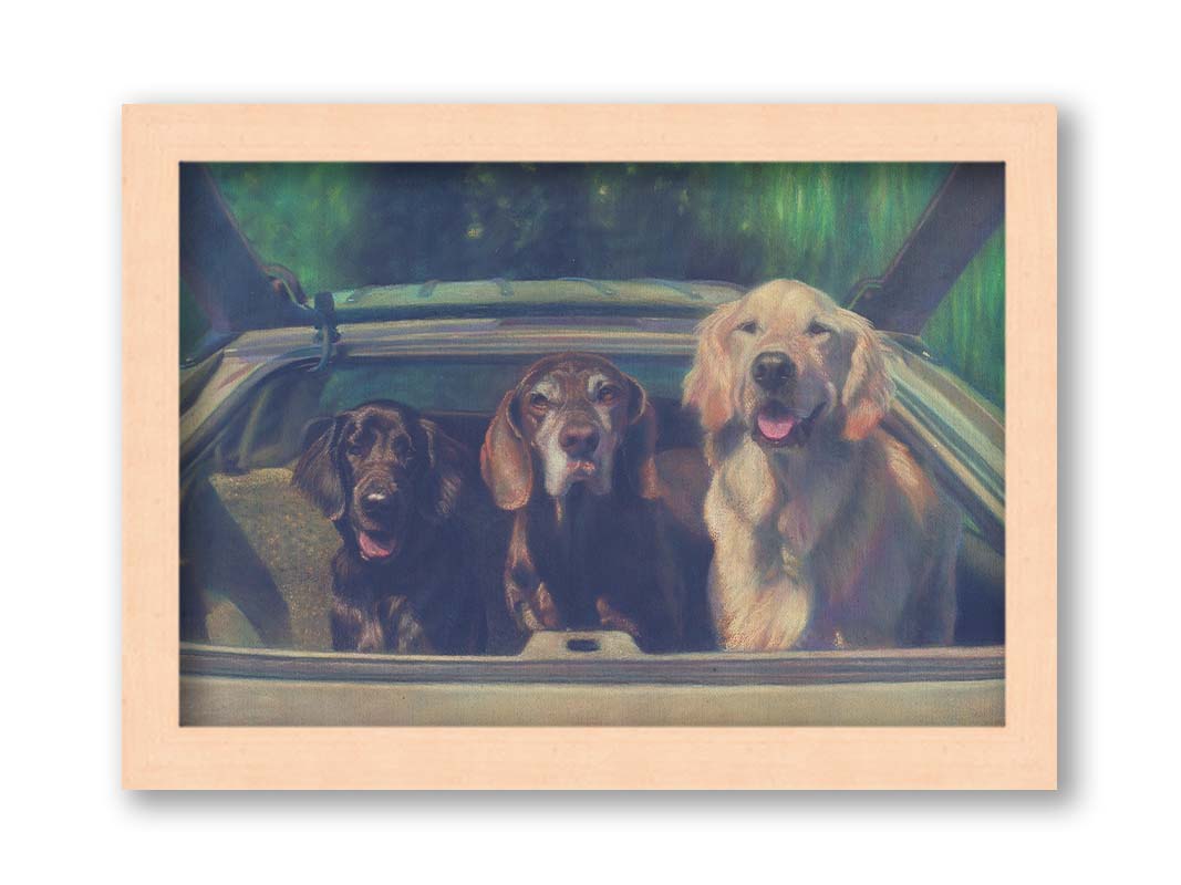 A painting of three dogs in the back of a hatchback, ready to go for a car ride. Printed on canvas and framed.