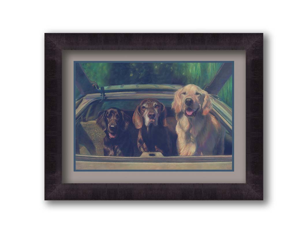 A painting of three dogs in the back of a hatchback, ready to go for a car ride. Printed on paper, matted, and framed.