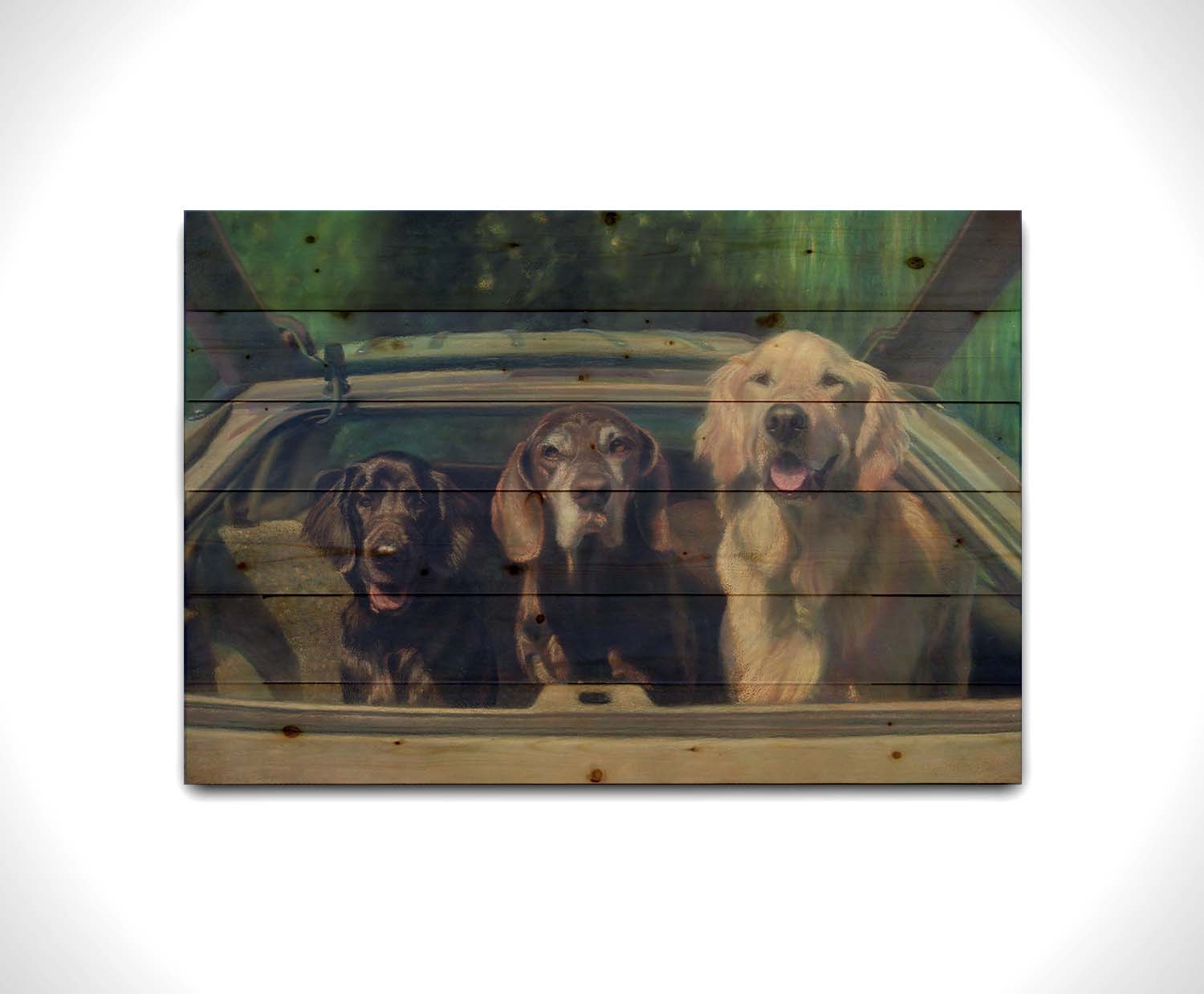 A painting of three dogs in the back of a hatchback, ready to go for a car ride. Printed on a wood pallet.