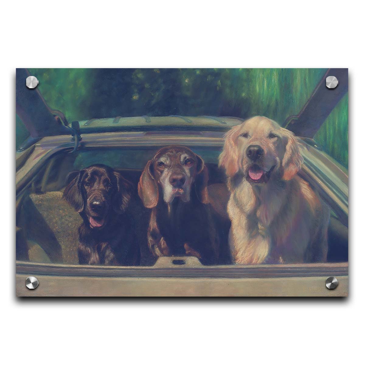 A painting of three dogs in the back of a hatchback, ready to go for a car ride. Printed on acrylic.