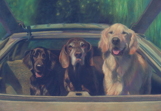 A painting of three dogs in the back of a hatchback, ready to go for a car ride. 