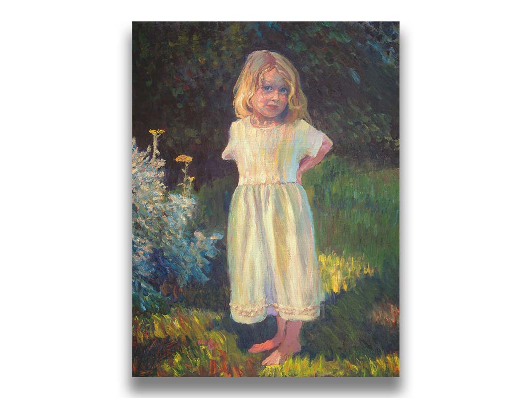 A painting of a little girl standing in the yard, beside a small garden of yellow flowers, with relaxing shade of trees in the background. Printed on canvas.