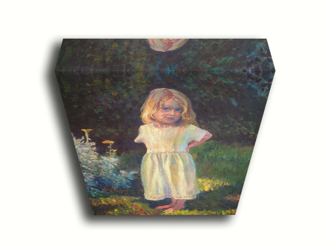 A painting of a little girl standing in the yard, beside a small garden of yellow flowers, with relaxing shade of trees in the background. Printed on canvas.