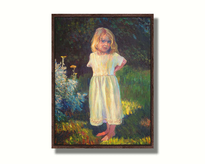 A painting of a little girl standing in the yard, beside a small garden of yellow flowers, with relaxing shade of trees in the background. Printed on canvas in a float frame.