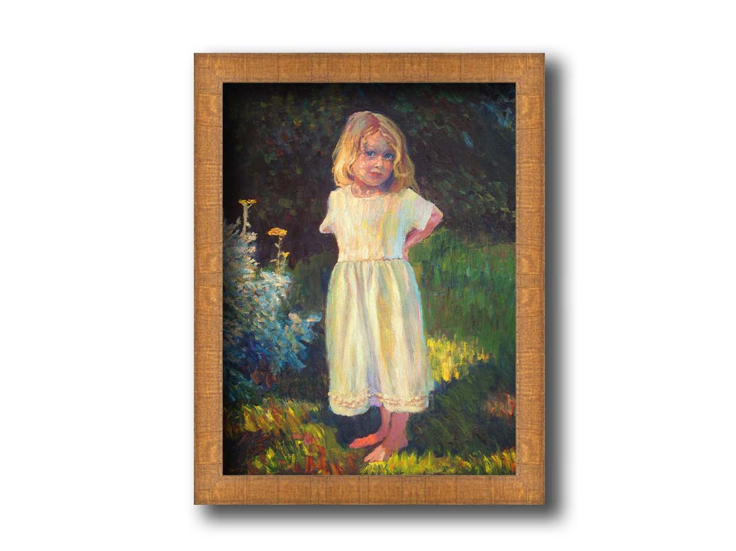 A painting of a little girl standing in the yard, beside a small garden of yellow flowers, with relaxing shade of trees in the background. Printed on canvas and framed.