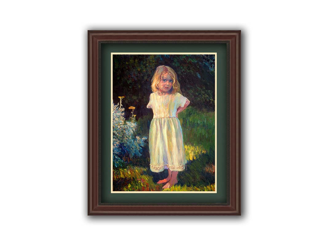 A painting of a little girl standing in the yard, beside a small garden of yellow flowers, with relaxing shade of trees in the background. Printed on paper, matted, and framed.