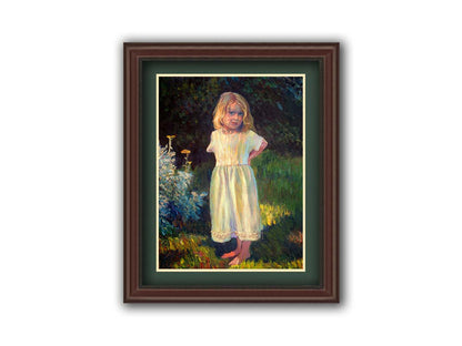 A painting of a little girl standing in the yard, beside a small garden of yellow flowers, with relaxing shade of trees in the background. Printed on paper, matted, and framed.