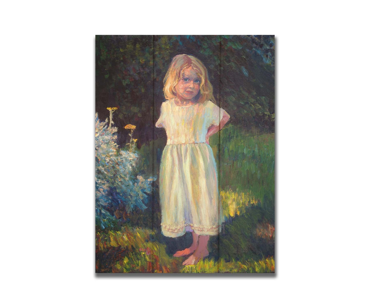 A painting of a little girl standing in the yard, beside a small garden of yellow flowers, with relaxing shade of trees in the background. Printed on a box board.