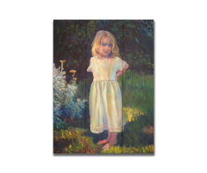 A painting of a little girl standing in the yard, beside a small garden of yellow flowers, with relaxing shade of trees in the background. Printed on a box board.