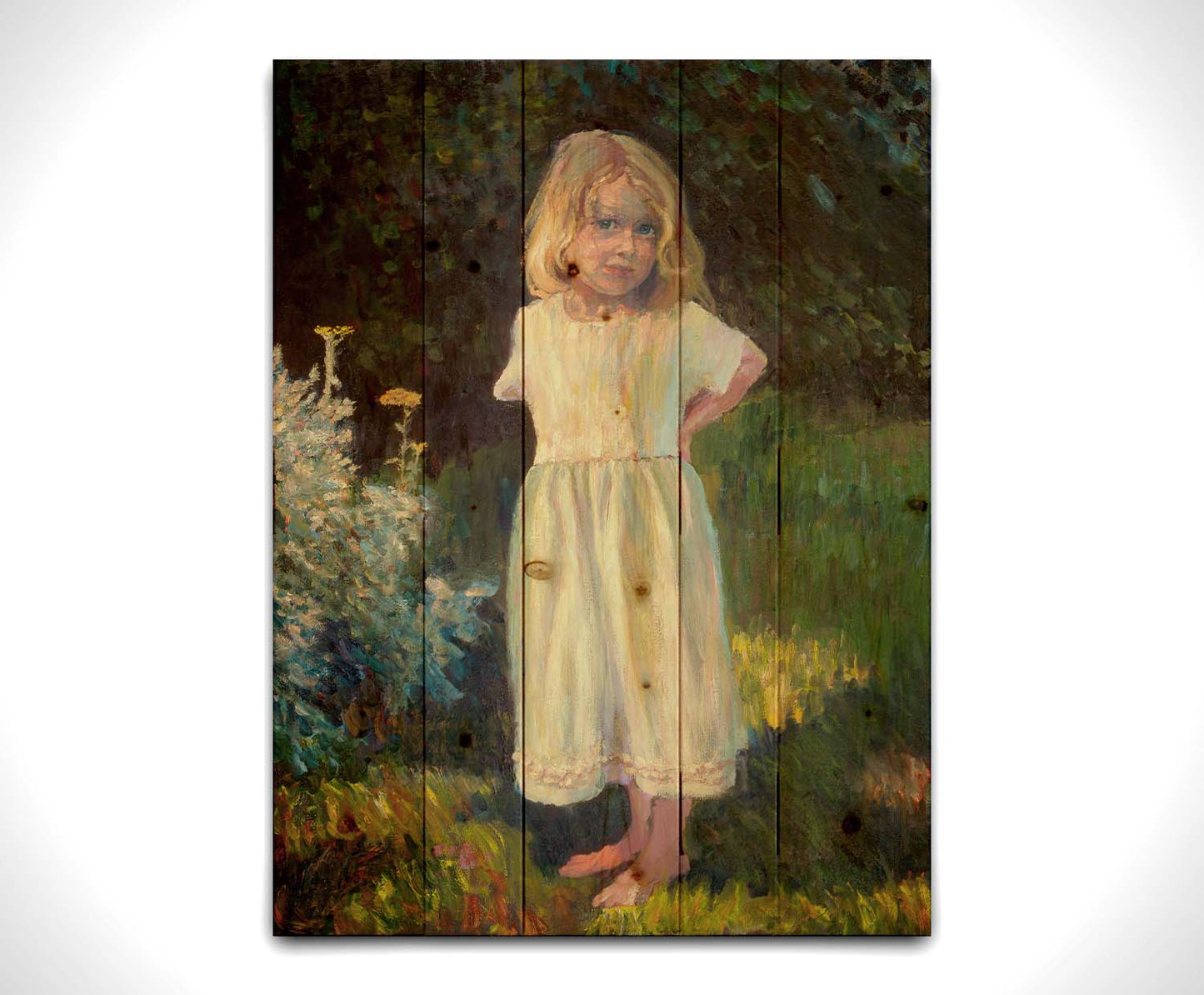 A painting of a little girl standing in the yard, beside a small garden of yellow flowers, with relaxing shade of trees in the background. Printed on a wood pallet.