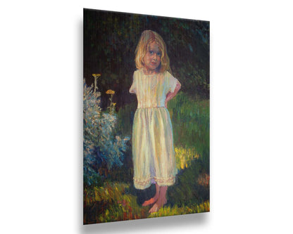 A painting of a little girl standing in the yard, beside a small garden of yellow flowers, with relaxing shade of trees in the background. Printed on metal.