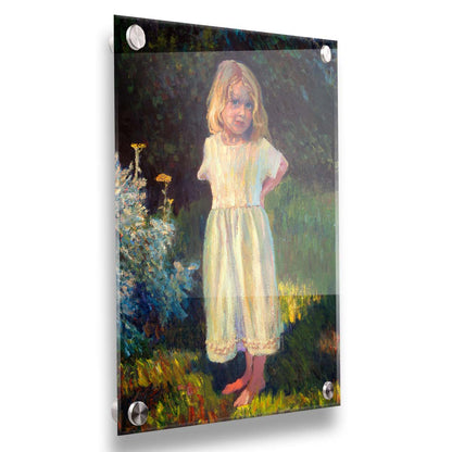 A painting of a little girl standing in the yard, beside a small garden of yellow flowers, with relaxing shade of trees in the background. Printed on acrylic.