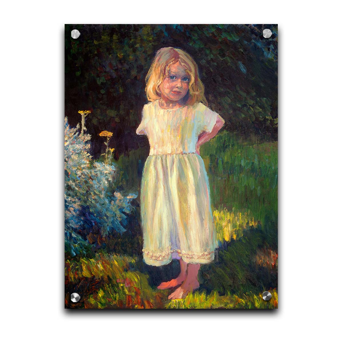 A painting of a little girl standing in the yard, beside a small garden of yellow flowers, with relaxing shade of trees in the background. Printed on acrylic.