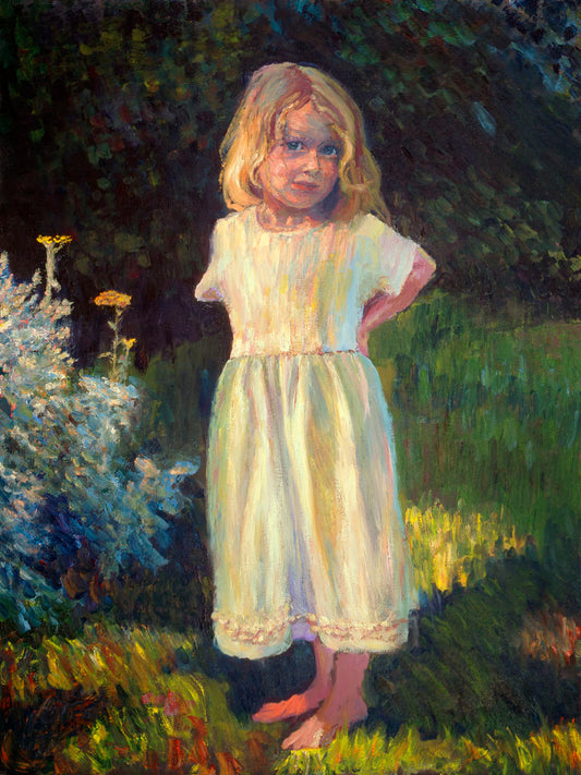 A painting of a little girl standing in the yard, beside a small garden of yellow flowers, with relaxing shade of trees in the background.