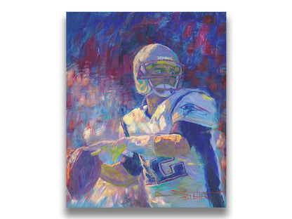 A painting of New England Patriots player Tom Brady preparing to throw a football. Printed on canvas.