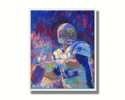 A painting of New England Patriots player Tom Brady preparing to throw a football. Printed on canvas in a float frame.