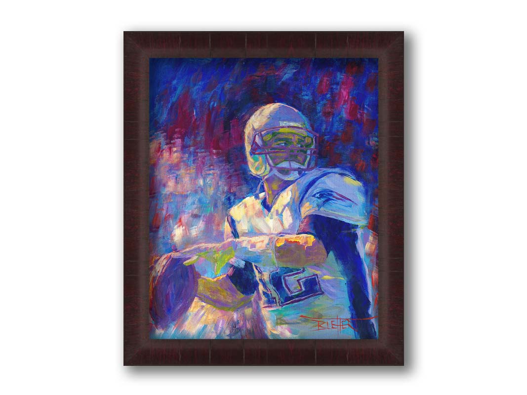 A painting of New England Patriots player Tom Brady preparing to throw a football. Printed on canvas and framed.