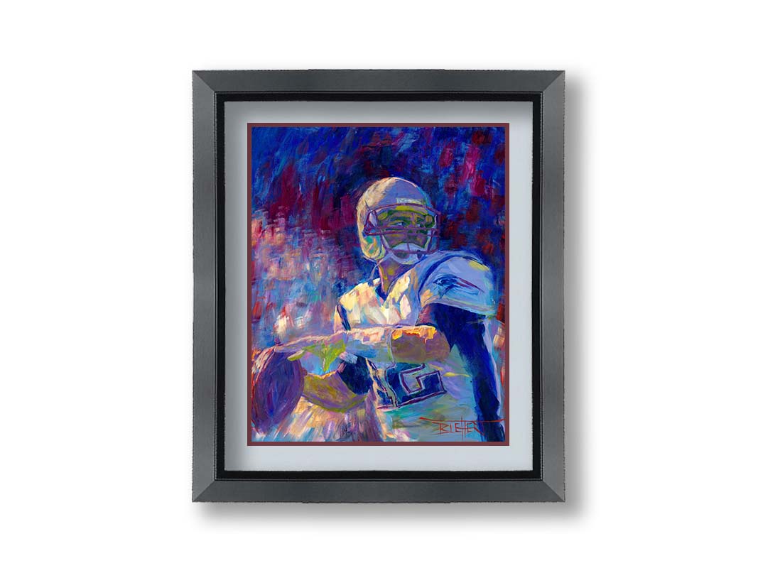 A painting of New England Patriots player Tom Brady preparing to throw a football. Printed on paper, matted, and framed.