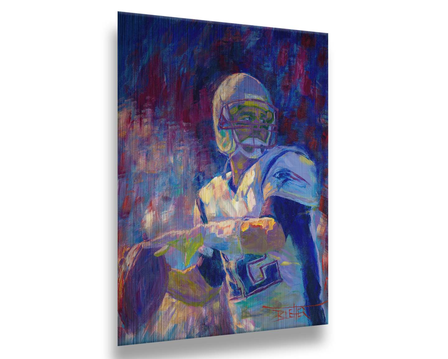 A painting of New England Patriots player Tom Brady preparing to throw a football. Printed on metal.