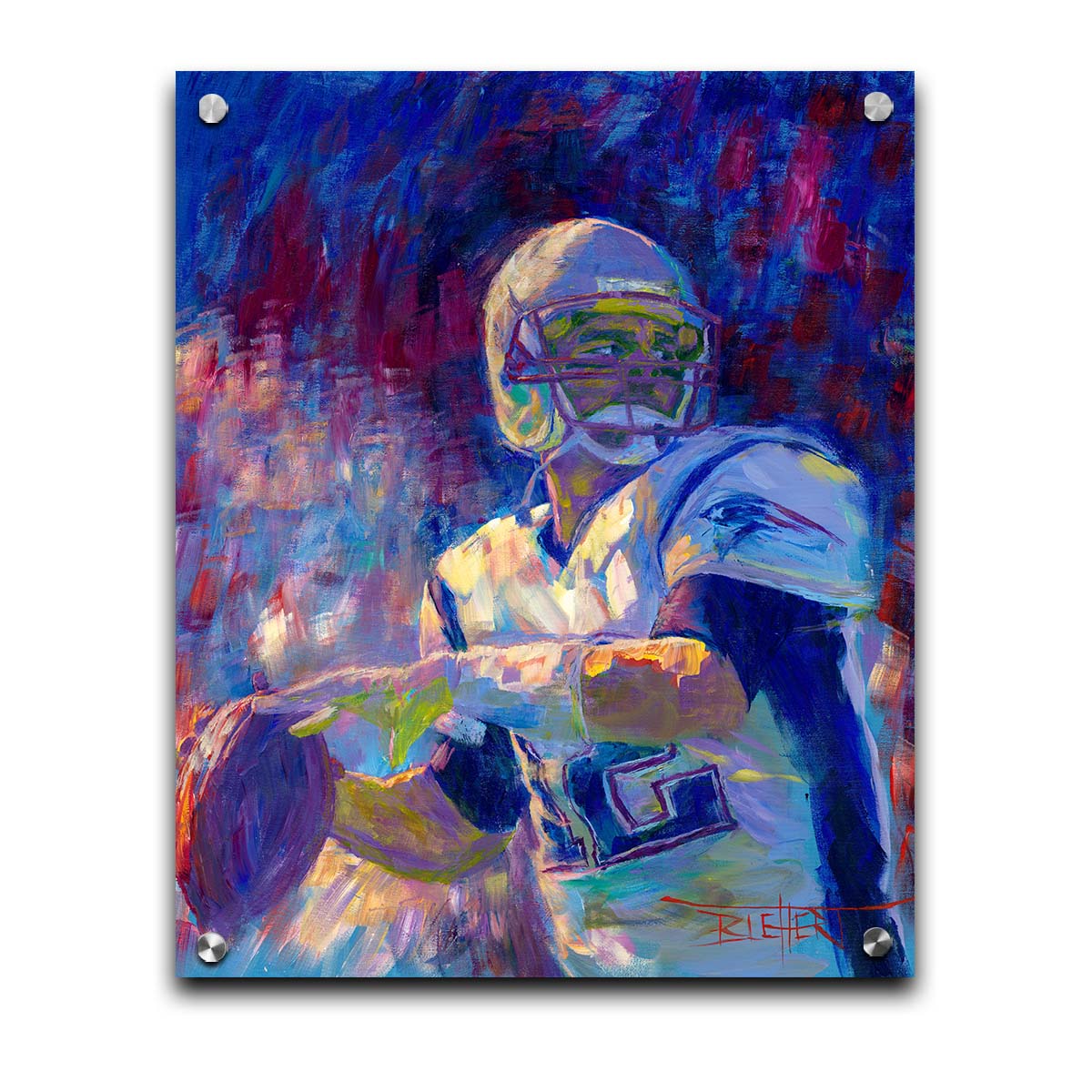 A painting of New England Patriots player Tom Brady preparing to throw a football. Printed on acrylic.