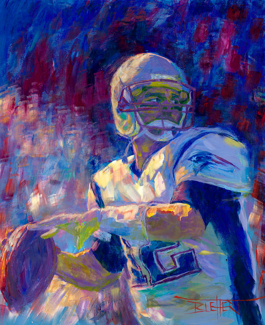 A painting of New England Patriots player Tom Brady preparing to throw a football. 