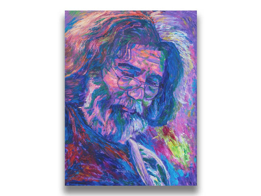 A portrait painting of Jerry Garcia of the band the Grateful Dead, playing guitar. Printed on canvas.