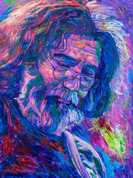 A portrait painting of Jerry Garcia of the band the Grateful Dead, playing guitar. 