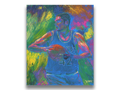 A painting of Minnesota TImberwolves basketball player Kevin Love holding a basketball. Printed on canvas.