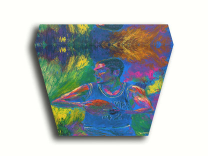 A painting of Minnesota TImberwolves basketball player Kevin Love holding a basketball. Printed on canvas.