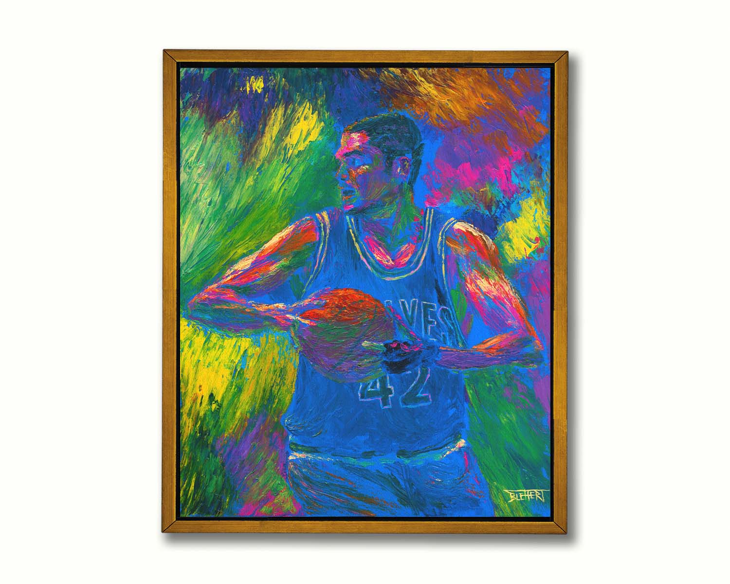 A painting of Minnesota TImberwolves basketball player Kevin Love holding a basketball. Printed on canvas in a float frame.