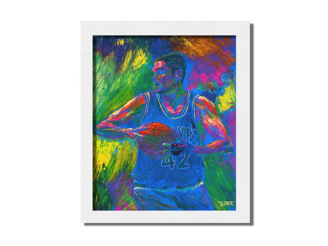 A painting of Minnesota TImberwolves basketball player Kevin Love holding a basketball. Prrinted on canvas and framed.