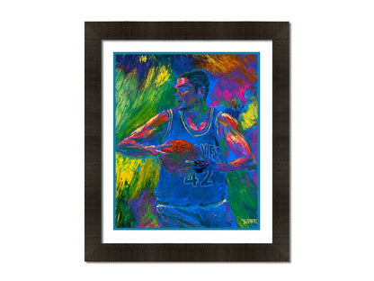 A painting of Minnesota TImberwolves basketball player Kevin Love holding a basketball. Printed on paper, matted, and framed.