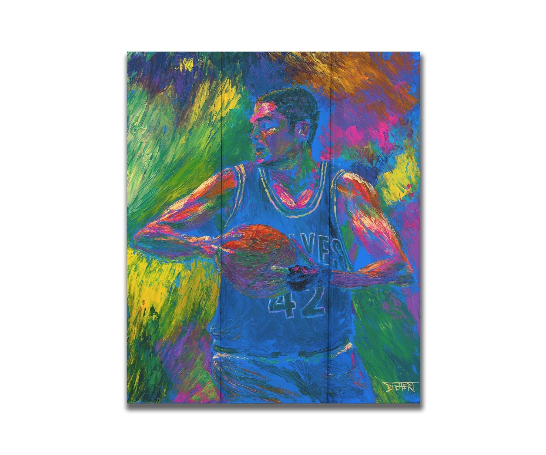 A painting of Minnesota TImberwolves basketball player Kevin Love holding a basketball. Printed on a box board.