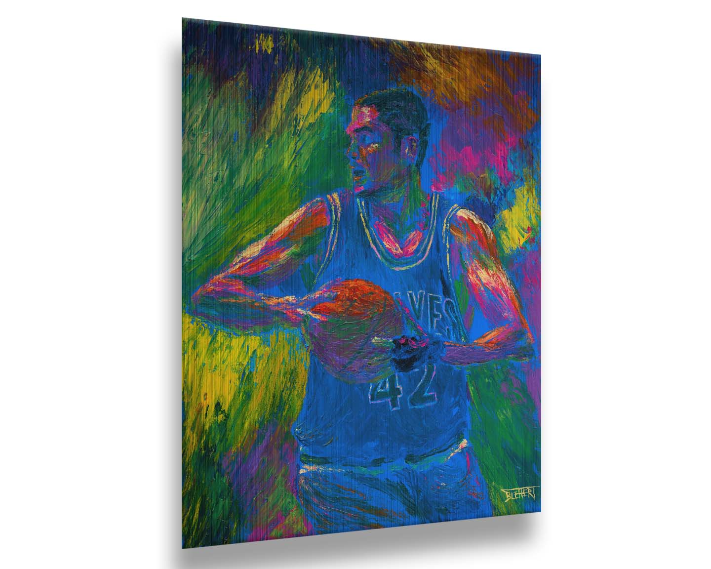 A painting of Minnesota TImberwolves basketball player Kevin Love holding a basketball. Printed on metal.