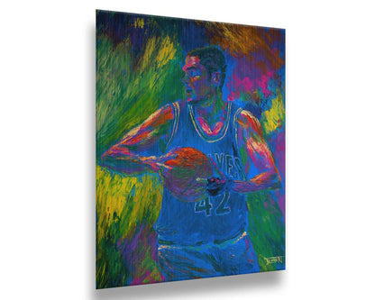 A painting of Minnesota TImberwolves basketball player Kevin Love holding a basketball. Printed on metal.