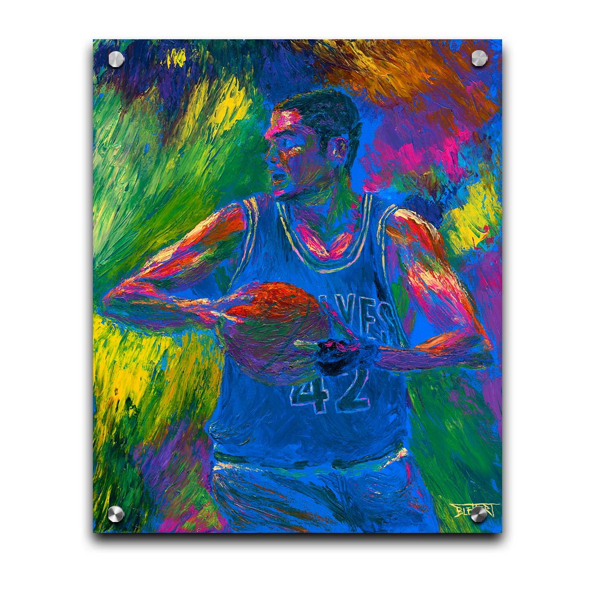 A painting of Minnesota TImberwolves basketball player Kevin Love holding a basketball. Printed on acrylic.