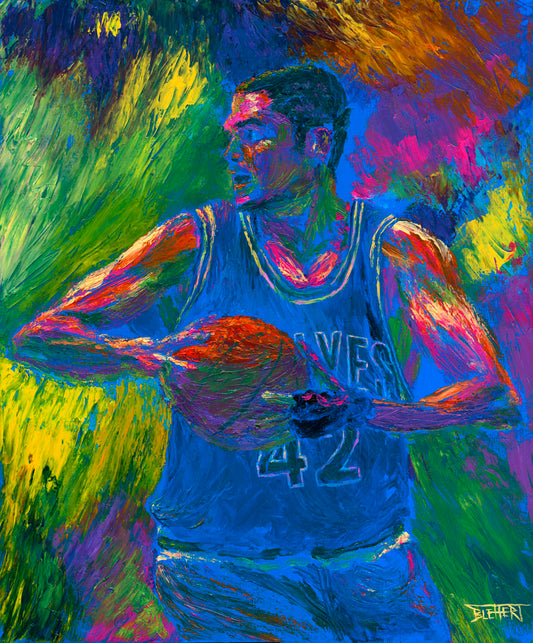 A painting of Minnesota Timberwolves basketball player Kevin Love holding a basketball.