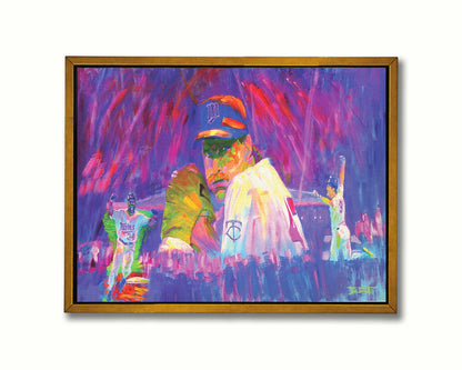 A painting of three Minnesota Twins players in a collage format, floating in an abstract purple, red, and pink background. Printed on canvas in a float frame.