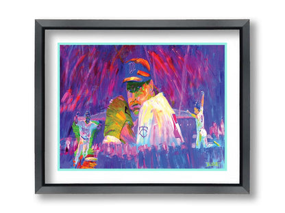 A painting of three Minnesota Twins players in a collage format, floating in an abstract purple, red, and pink background. Printed on paper, matted, and framed.