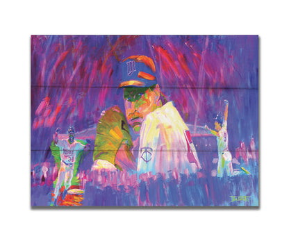 A painting of three Minnesota Twins players in a collage format, floating in an abstract purple, red, and pink background. Printed on a box board.